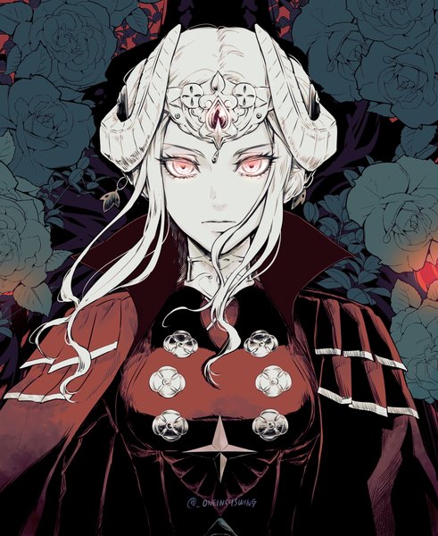 Anime picture 2039x2494 with fire emblem fire emblem: three houses nintendo edelgard von hresvelg oneinchswing single tall image looking at viewer highres short hair red eyes signed upper body white hair horn (horns) glowing glowing eye (eyes) serious girl flower (flowers)
