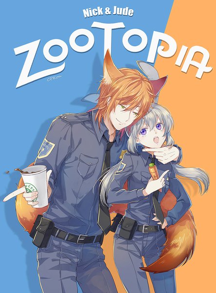 Anime picture 700x945 with zootopia disney starbucks judy hopps nick wilde cat princess long hair tall image looking at viewer fringe short hair open mouth simple background smile hair between eyes standing purple eyes twintails holding green eyes