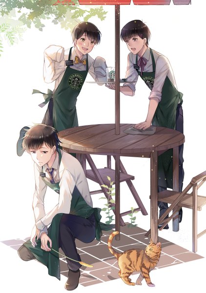 Anime picture 2078x2952 with osomatsu-san starbucks matsuno ichimatsu matsuno todomatsu matsuno juushimatsu ekita xuan tall image highres short hair open mouth blue eyes black hair simple background standing white background purple eyes holding yellow eyes looking away full body