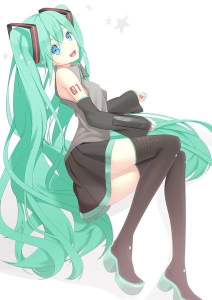 Anime picture 2893x4092 with vocaloid hatsune miku koyaya (sorano) solano single tall image highres open mouth blue eyes simple background white background twintails very long hair aqua hair girl thighhighs skirt black thighhighs detached sleeves miniskirt