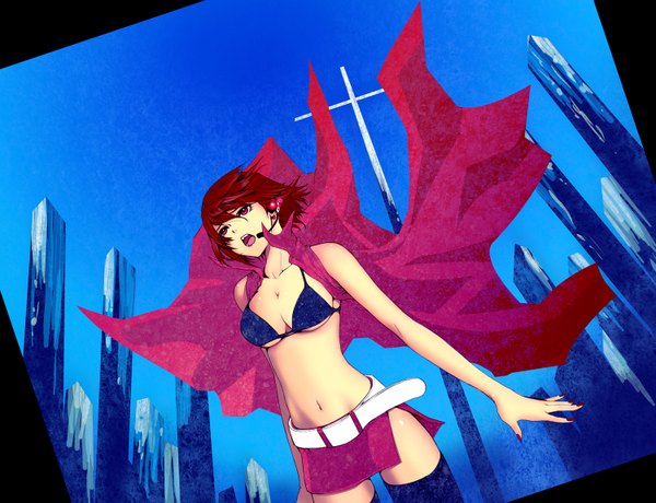 Anime picture 1500x1152 with vocaloid meiko nayu single short hair open mouth light erotic red hair pink eyes blue background singing girl thighhighs black thighhighs miniskirt belt cloak bikini top