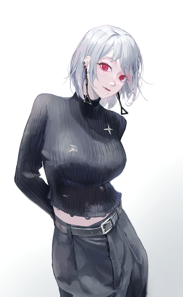 Anime picture 1700x2747 with chainsaw man mappa fami (chainsaw man) dotthebot single tall image looking at viewer short hair simple background red eyes white background silver hair mole mole under eye hands behind back mole under mouth girl earrings belt turtleneck