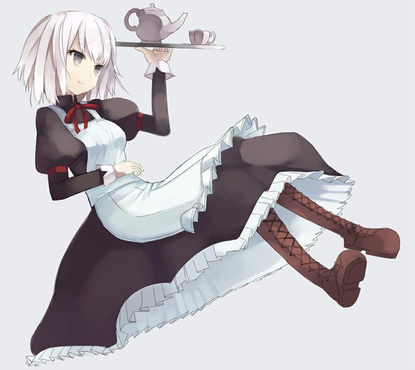 Anime picture 1120x1000 with original mazonano (artist) single short hair simple background smile silver hair black eyes grey background maid lacing girl thigh boots apron cup tray teapot