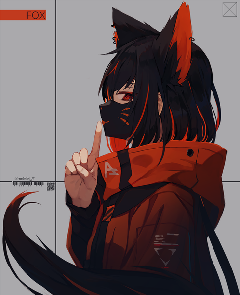 Anime picture 937x1150 with original nagishiro mito single tall image looking at viewer fringe short hair black hair simple background hair between eyes red eyes animal ears upper body red hair tail animal tail profile multicolored hair grey background two-tone hair