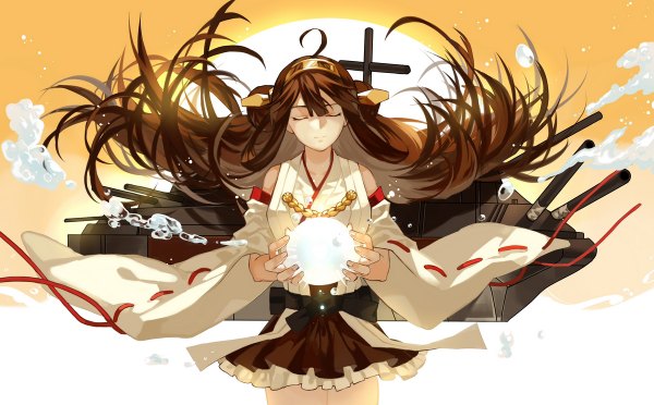 Anime picture 1200x744 with kantai collection kongou battleship joseph lee single long hair blush brown hair wide image bare shoulders eyes closed traditional clothes japanese clothes nontraditional miko girl skirt weapon kimono gun headband sun