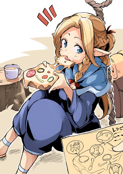 Anime picture 848x1200 with dungeon meshi studio trigger marcille donato bibi02 single long hair tall image blue eyes blonde hair sitting looking away from above pointy ears half updo eating girl food staff