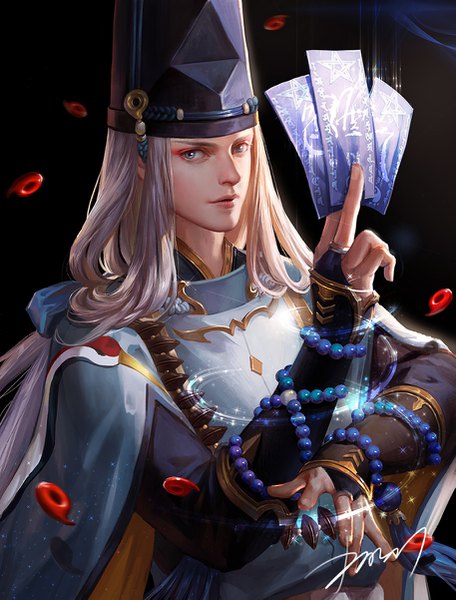 Anime picture 913x1201 with onmyoji abe no seimei (onmyoji) shitsu soku k single long hair tall image looking at viewer blue eyes signed silver hair upper body traditional clothes japanese clothes boy headdress beads bridal gauntlets ofuda magatama prayer beads