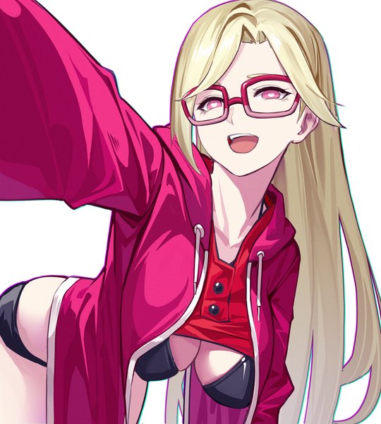Anime-Bild 1800x2000 mit original yin lan xue single long hair tall image looking at viewer fringe highres breasts open mouth light erotic simple background blonde hair smile standing white background :d pink eyes open jacket symbol-shaped pupils