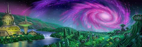 Anime picture 1300x434 with original stardriv (artist) wide image scenic space river panorama plant (plants) tree (trees) water building (buildings) forest galaxy