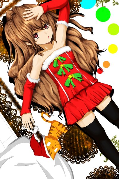 Anime picture 2000x3000 with toradora j.c. staff aisaka taiga vermery (artist) long hair tall image highres red eyes brown hair christmas hand on head merry christmas girl thighhighs black thighhighs detached sleeves animal tiger