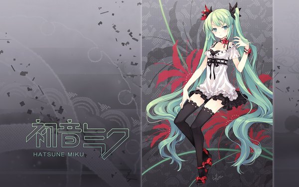 Anime picture 1920x1200 with vocaloid world is mine (vocaloid) hatsune miku tearfish single long hair highres wide image twintails very long hair aqua eyes aqua hair inscription wallpaper girl thighhighs dress black thighhighs