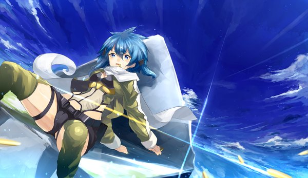 Anime picture 3800x2200 with sword art online a-1 pictures asada shino hajime kaname single highres short hair blue eyes wide image sitting blue hair absurdres sky cloud (clouds) girl shorts thigh boots cartridge