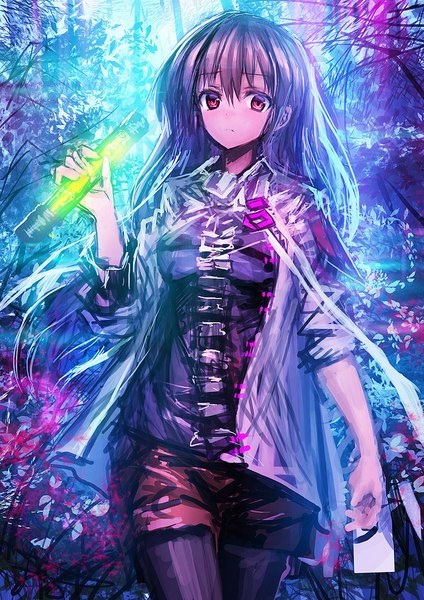 Anime picture 800x1132 with vocaloid lm7 (op-center) single long hair tall image looking at viewer blush red eyes brown hair open clothes nature multicolored girl flower (flowers) ribbon (ribbons) plant (plants) pantyhose tree (trees) shorts leaf (leaves)