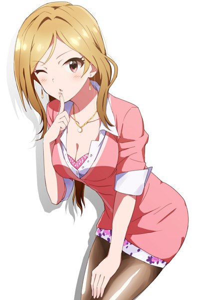 Anime picture 791x1190 with idolmaster idolmaster million live! momose rio keikesu single long hair tall image blush light erotic simple background blonde hair white background brown eyes cleavage one eye closed wink leaning leaning forward finger to mouth girl