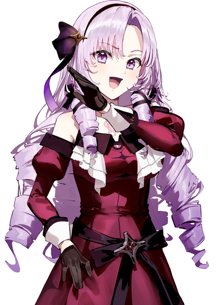 Anime picture 2150x3035 with virtual youtuber nijisanji hyakumantenbara salome hyakumantenbara salome (1st costume) xkirara39x single long hair tall image highres open mouth simple background white background purple eyes purple hair :d drill hair girl dress gloves detached sleeves