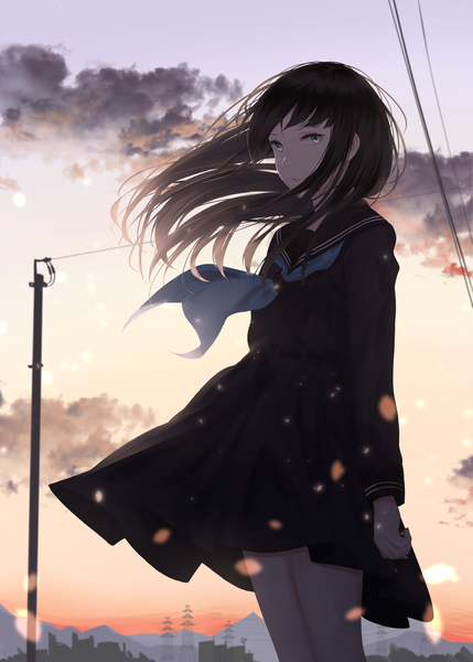 Anime picture 2591x3624 with original saitou (lynx-shrike) single long hair tall image looking at viewer fringe highres blue eyes black hair standing cloud (clouds) outdoors long sleeves parted lips wind city cityscape mountain skirt flip