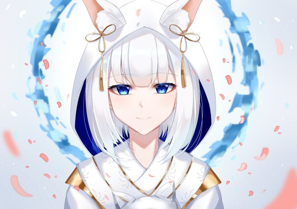 Anime picture 2843x2000 with azur lane kaga (azur lane) kaga (sacred blue lily) (azur lane) eternity (shadeh) single looking at viewer fringe highres short hair blue eyes simple background animal ears upper body white hair blunt bangs traditional clothes japanese clothes light smile fox ears gradient background
