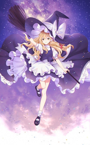 Anime picture 634x1018 with touhou kirisame marisa mutugi single long hair tall image fringe blonde hair hair between eyes brown eyes full body bent knee (knees) floating hair arm behind head witch space girl skirt bow hair bow