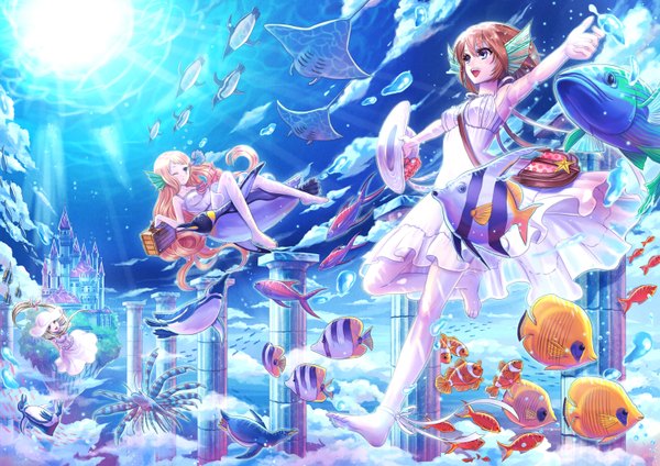 Anime picture 1500x1060 with original madopen long hair open mouth blonde hair sitting multiple girls sky cloud (clouds) barefoot sunlight underwater weightlessness girl dress ribbon (ribbons) hat animal water white dress