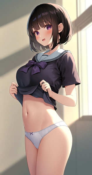 Anime picture 1793x3421 with original inoue yurina karutamo single tall image looking at viewer blush fringe highres short hair open mouth light erotic black hair smile standing purple eyes indoors :d sunlight short sleeves