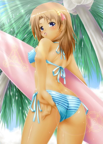 Anime picture 1000x1400 with mahou shoujo lyrical nanoha mahou shoujo lyrical nanoha strikers yagami hayate ayato single long hair tall image open mouth blue eyes light erotic brown hair ass looking back back dark skin girl swimsuit plant (plants) bikini tree (trees)