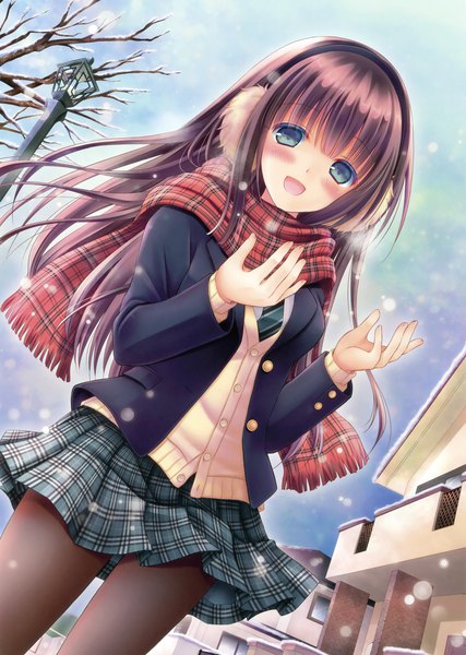 Anime-Bild 2494x3500 mit original oreiro single long hair tall image looking at viewer blush highres open mouth blue eyes purple hair outdoors :d scan dutch angle plaid skirt snowing winter bare tree girl