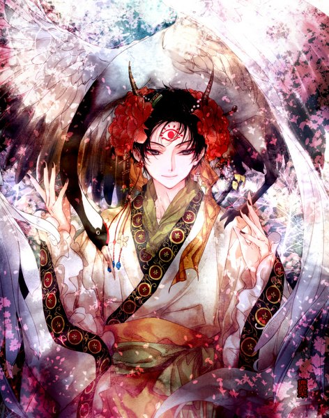 Anime picture 700x889 with hoozuki no reitetsu wit studio hakutaku (hoozuki no reitetsu) ashita single tall image short hair black hair smile purple eyes looking away nail polish traditional clothes japanese clothes horn (horns) fingernails lips wide sleeves looking down boy