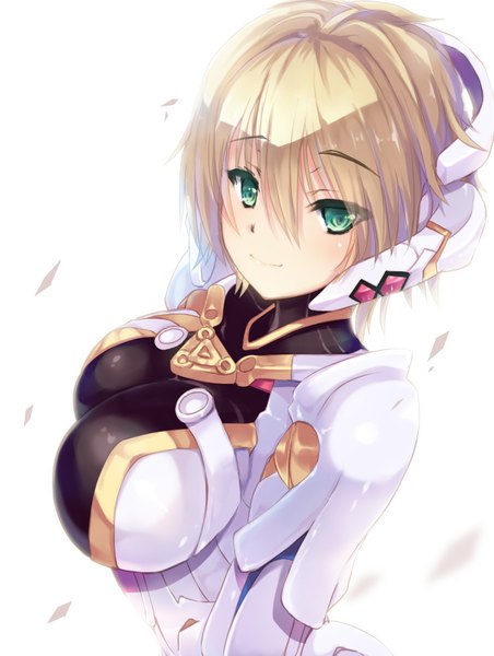 Anime picture 748x993 with xenoblade fiorun inoue takuya (tactactak) single tall image fringe short hair breasts light erotic simple background blonde hair smile large breasts white background green eyes light smile spoilers girl cyborg