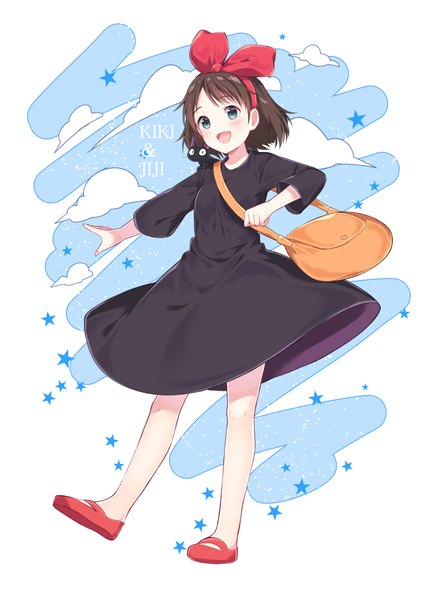 Anime picture 636x900 with kiki's delivery service studio ghibli kiki jiji chitetan single tall image looking at viewer blush fringe short hair open mouth blue eyes brown hair white background cloud (clouds) full body :d inscription bare legs