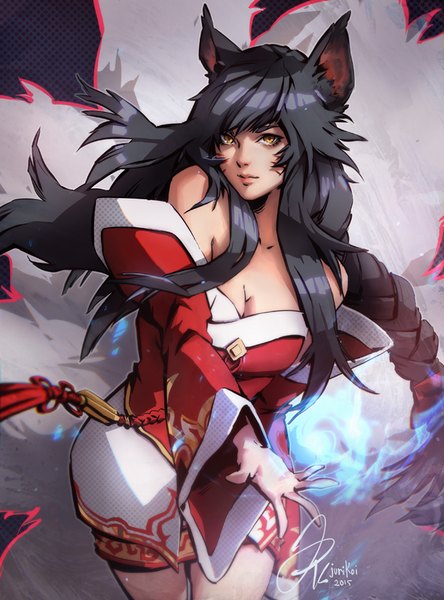 Anime picture 666x900 with league of legends ahri (league of legends) jurikoi single long hair tall image looking at viewer black hair bare shoulders animal ears yellow eyes tail fox girl multiple tails girl clothes