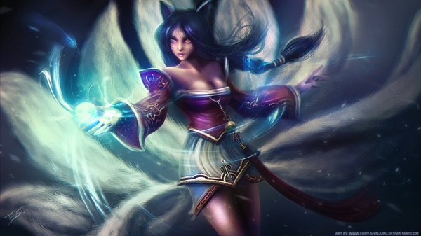 Anime picture 2318x1304 with league of legends ahri (league of legends) eddy-shinjuku single long hair highres breasts light erotic black hair red eyes wide image bare shoulders signed animal ears looking away tail animal tail lipstick magic fox tail