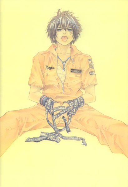 Anime picture 4775x6992 with i'll - generation basketball tachibana akane asada hiroyuki single tall image highres short hair simple background brown hair sitting absurdres :p yellow background bandaid on face boy tongue bandaid