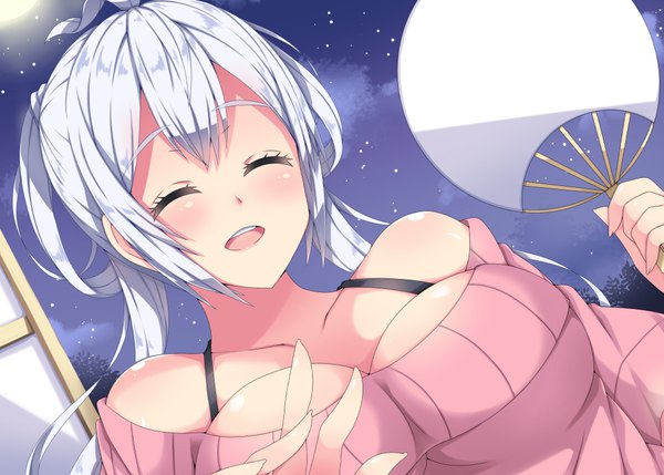 Anime picture 1000x715 with phantasy star phantasy star online 2 sega matoi (pso2) milkpanda single long hair breasts open mouth light erotic smile bare shoulders cleavage silver hair eyes closed night girl sweater fan