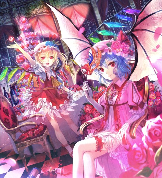 Anime picture 1158x1275 with touhou flandre scarlet remilia scarlet fuzichoco tall image looking at viewer short hair open mouth blonde hair smile red eyes standing sitting multiple girls blue hair magic checkered floor bat wings waving girl