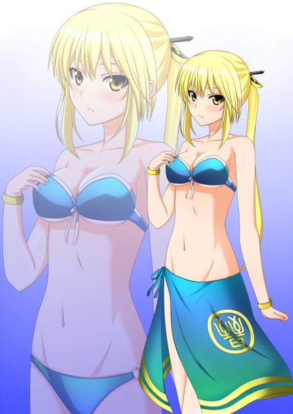 Anime picture 920x1300 with shin sangoku musou wang yuanji kenken long hair tall image looking at viewer light erotic blonde hair twintails yellow eyes zoom layer girl navel swimsuit bikini