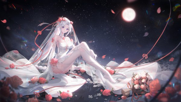 Anime picture 1920x1080 with original zuo600 single looking at viewer fringe highres short hair breasts light erotic wide image large breasts sitting purple eyes payot cleavage full body outdoors white hair parted lips hair flower