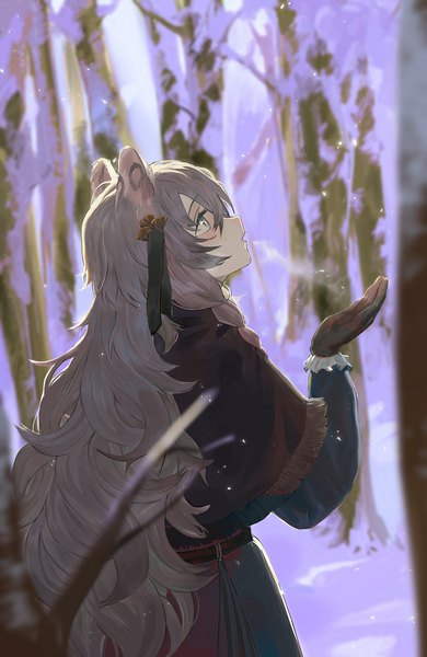 Anime picture 1000x1538 with arknights pramanix (arknights) pramanix (caster's frost) (arknights) koio single long hair tall image fringe hair between eyes animal ears profile grey hair grey eyes official alternate costume looking up winter snow exhalation girl gloves