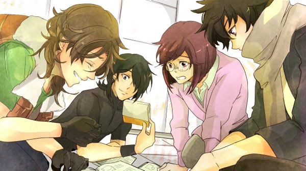 Anime picture 1220x685 with mobile suit gundam mobile suit gundam 00 sunrise (studio) tieria erde setsuna f seiei lockon stratos allelujah haptism lyle dylandy yuuki chitose fringe short hair open mouth black hair smile brown hair wide image purple hair eyes closed profile hair over one eye