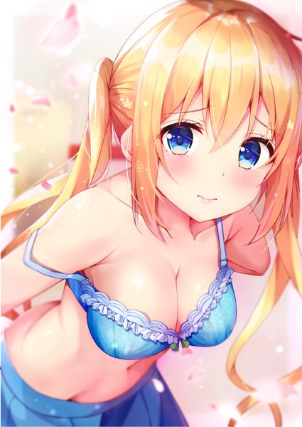 Anime picture 1532x2162 with blend s a-1 pictures hinata kaho rouka (akatyann) single long hair tall image looking at viewer blush fringe breasts blue eyes light erotic blonde hair hair between eyes large breasts standing twintails bare shoulders payot