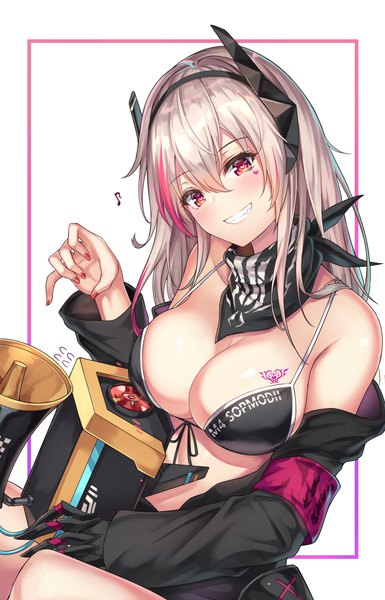 Anime picture 706x1100 with girls frontline m4 sopmod ii (girls frontline) dinergate (girls frontline) ro635 (dinergate) cenangam single long hair tall image looking at viewer blush fringe breasts light erotic simple background smile red eyes large breasts white background cleavage silver hair