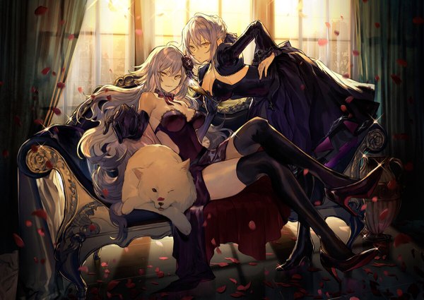 Anime picture 1200x851 with fate (series) fate/grand order artoria pendragon (all) jeanne d'arc (fate) (all) jeanne d'arc alter (fate) saber alter cavall the 2nd nosaki tsubasa long hair looking at viewer fringe short hair hair between eyes standing sitting bare shoulders multiple girls holding yellow eyes cleavage