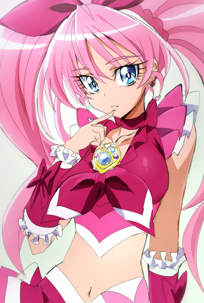 Anime picture 1968x2926 with precure suite precure toei animation houjou hibiki cure melody manji (tenketsu) single long hair tall image looking at viewer highres twintails pink hair upper body midriff finger to mouth magical girl girl detached sleeves earrings