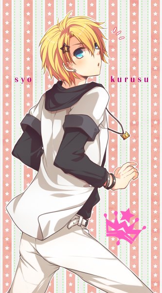 Anime picture 666x1200 with uta no prince-sama a-1 pictures kurusu shou mukkun single tall image looking at viewer blush short hair open mouth blue eyes blonde hair looking back inscription striped striped background boy hair ornament hairclip star (symbol)