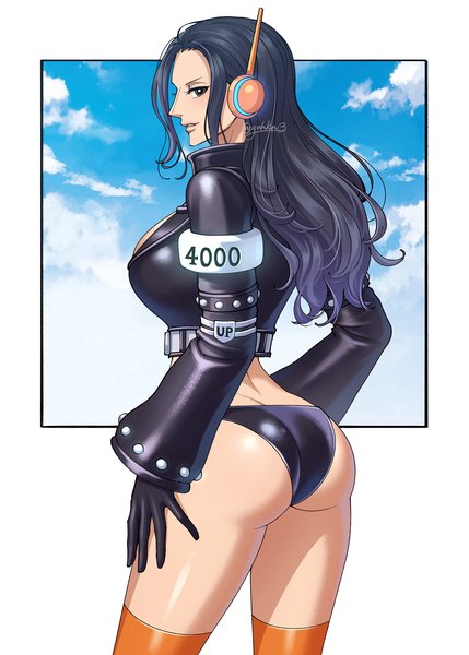 Anime picture 1430x2000 with one piece toei animation nico robin youkan (tako) single long hair tall image light erotic black hair standing sky cloud (clouds) ass profile outside border girl thighhighs gloves underwear panties