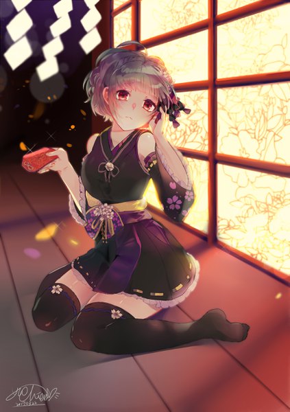 Anime picture 1748x2480 with battle girl high school sadone yu chien (yuchien4221) single tall image looking at viewer blush fringe highres short hair red eyes sitting holding signed full body blunt bangs traditional clothes head tilt japanese clothes grey hair