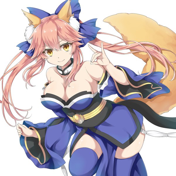 Anime picture 1150x1150 with fate (series) fate/grand order fate/extra tamamo (fate) (all) tamamo no mae (fate) tm-pika single long hair looking at viewer fringe breasts light erotic simple background smile hair between eyes large breasts white background twintails bare shoulders animal ears