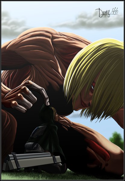 Anime picture 1037x1500 with shingeki no kyojin production i.g annie leonhart armin arlert female titan drake666 tall image fringe short hair blue eyes blonde hair smile sky cloud (clouds) lips hair over one eye coloring muscle framed girl