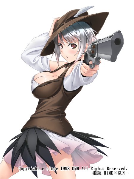 Anime picture 750x1000 with hime x gun tenkuu nozora single tall image short hair breasts light erotic large breasts standing brown eyes cleavage white hair mole copyright name foreshortening girl skirt weapon hat gun