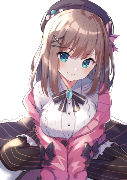 Anime picture 595x842 with virtual youtuber nijisanji suzuhara lulu tsukiman single long hair tall image looking at viewer blush blue eyes simple background brown hair white background sitting :3 indian style girl hair ornament pantyhose x hair ornament