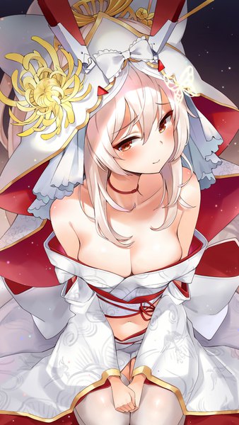 Anime picture 1126x2000 with azur lane ayanami (azur lane) ayanami (demon's dress) (azur lane) hym9594 single long hair tall image looking at viewer blush fringe breasts light erotic hair between eyes red eyes large breasts bare shoulders cleavage white hair ponytail traditional clothes